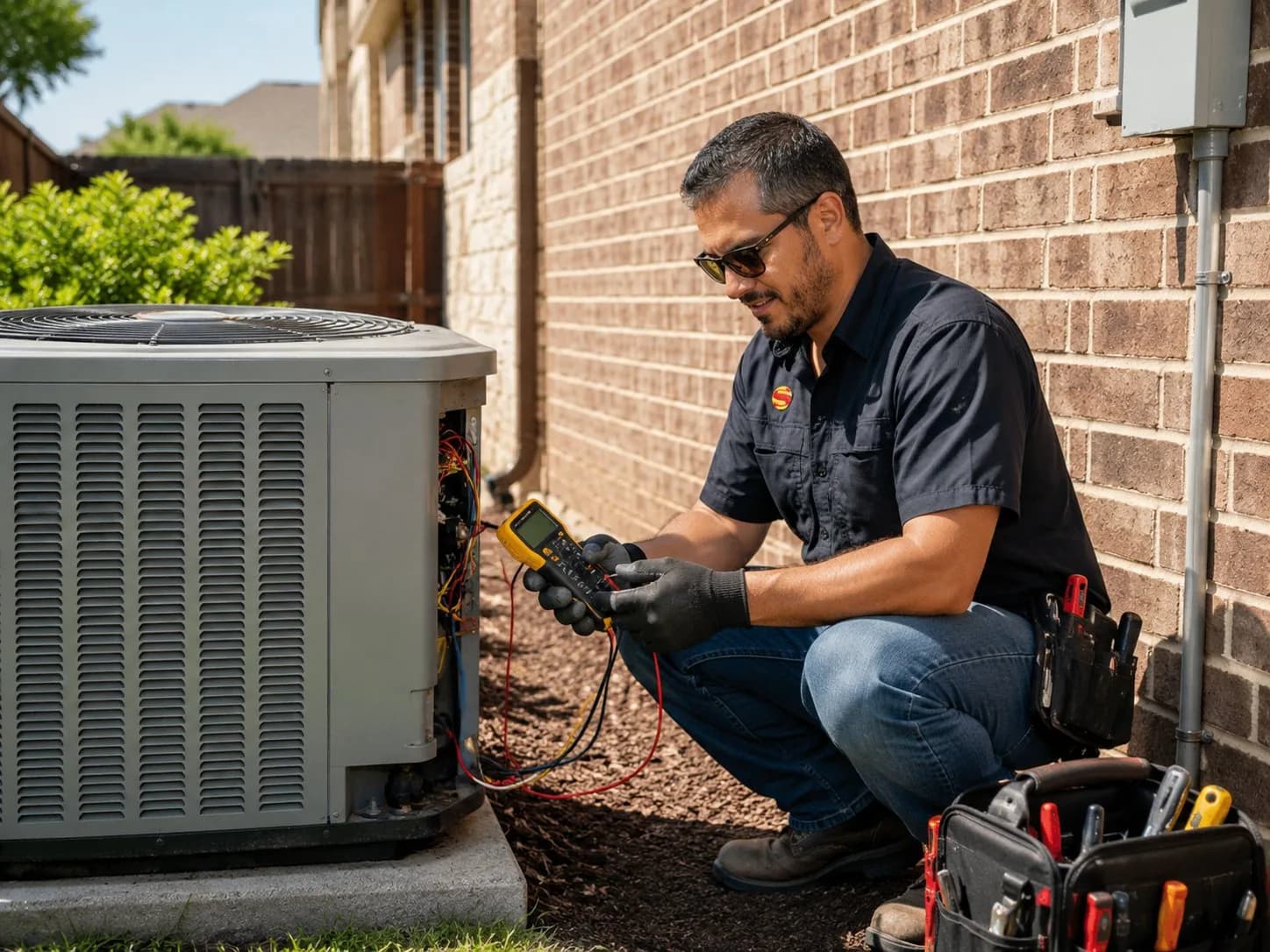 Super Heating & Air HVAC technician testing outdoor condenser unit with multimeter