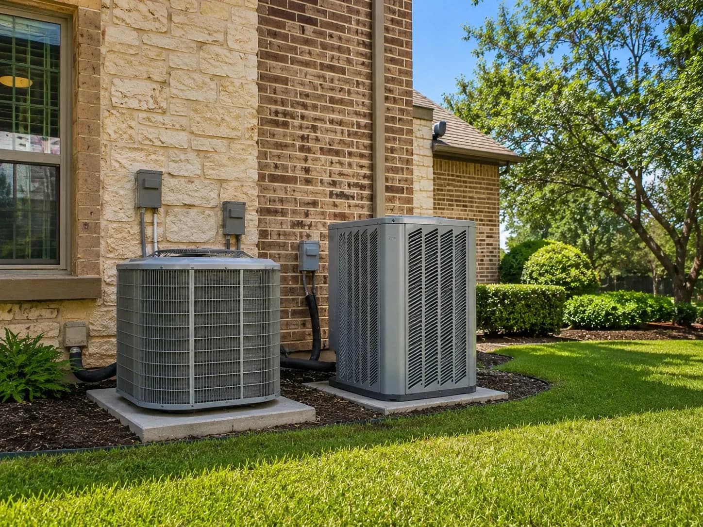 Side-by-side comparison of outdoor AC condenser and heat pump unit at a Texas residential home