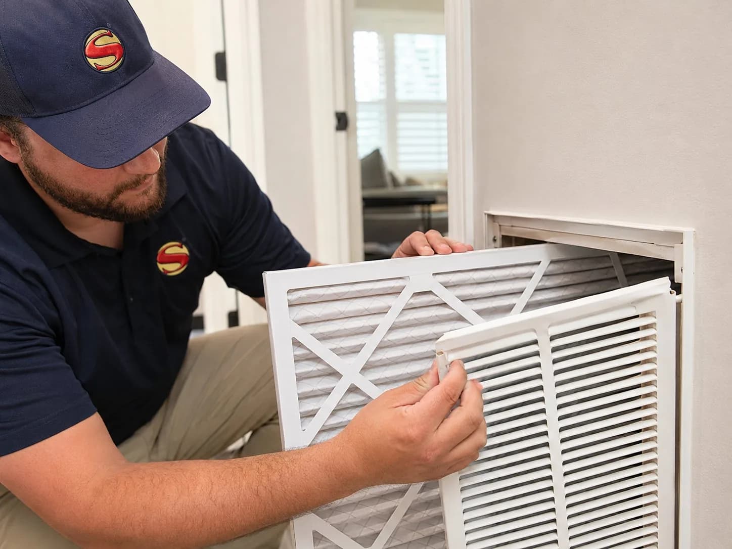 Super Heating & Air technician replacing HVAC air filter in residential return vent