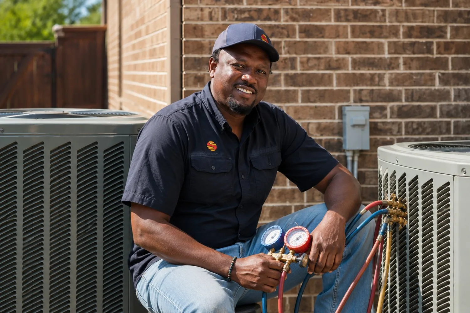 Super Heating & Air technician seated between two condenser units with gauges, DFW