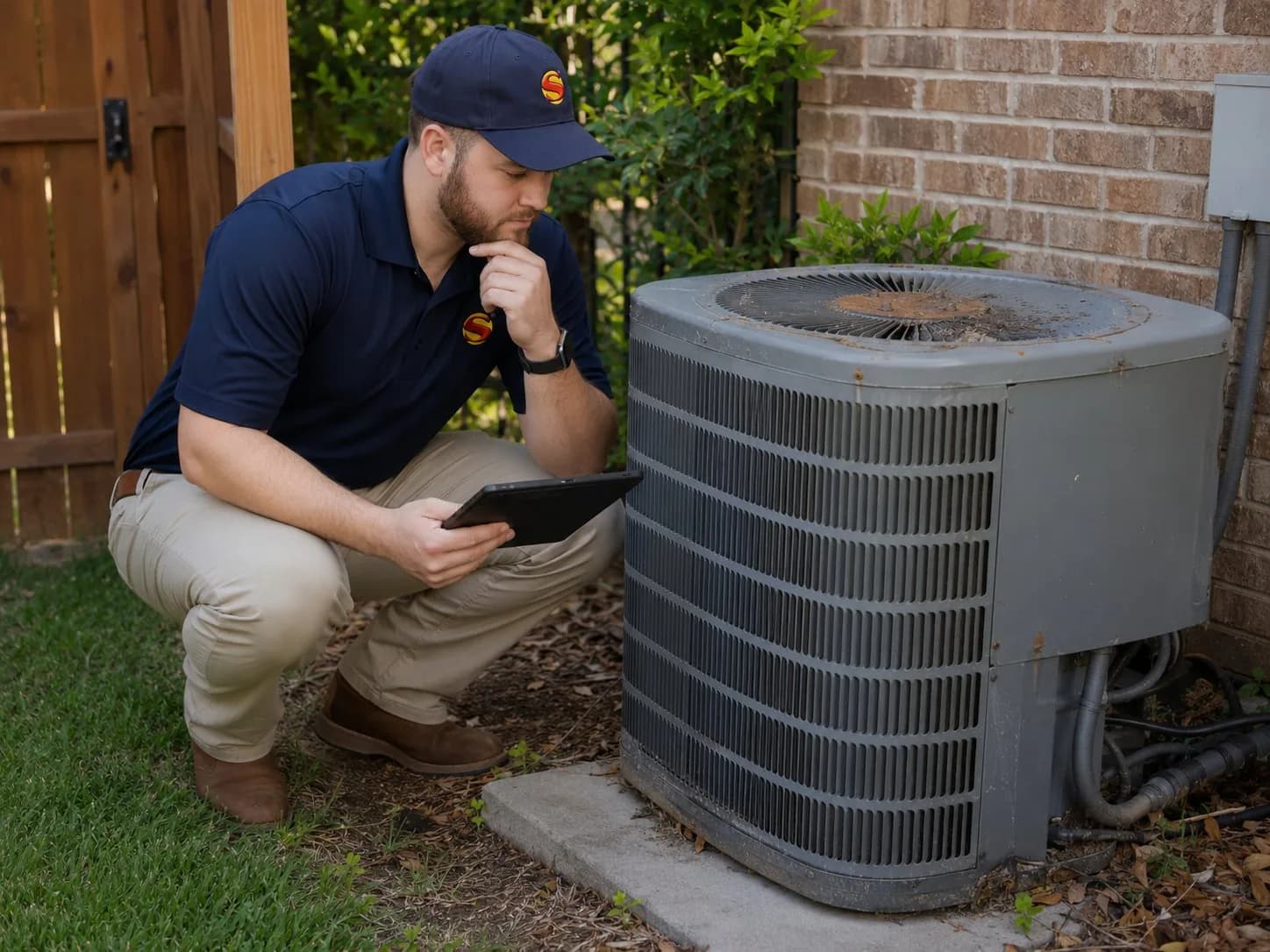Super Heating & Air technician assessing aging outdoor HVAC unit at a DFW home