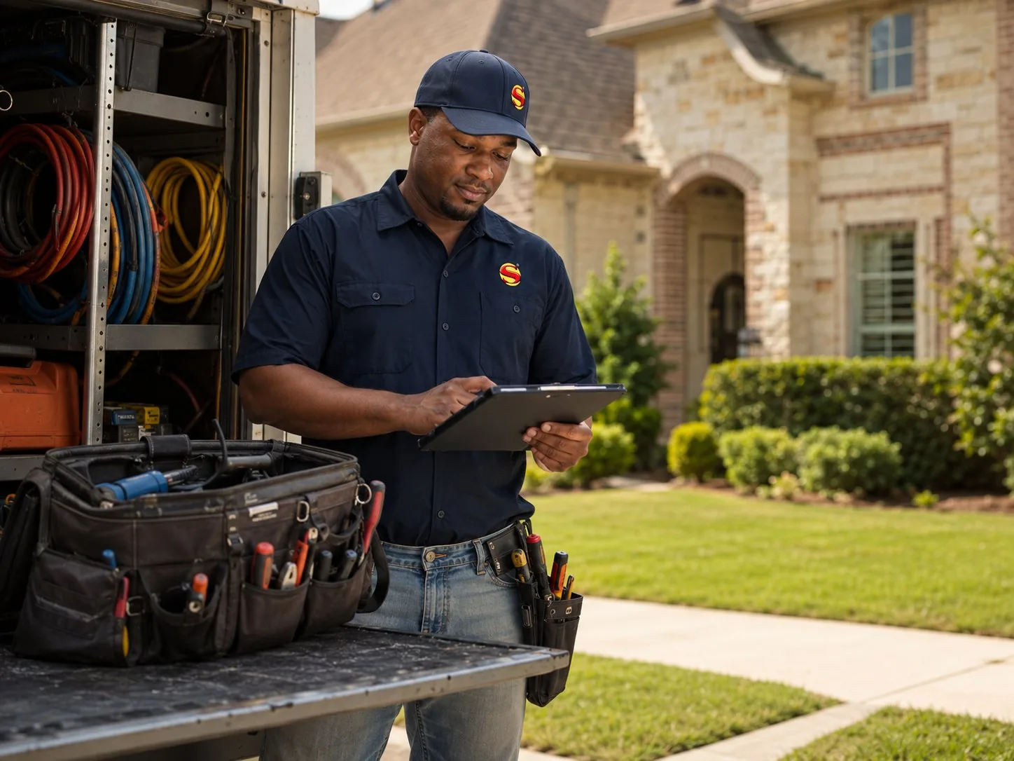 Super Heating & Air technician with tools and tablet outside service truck at a DFW home