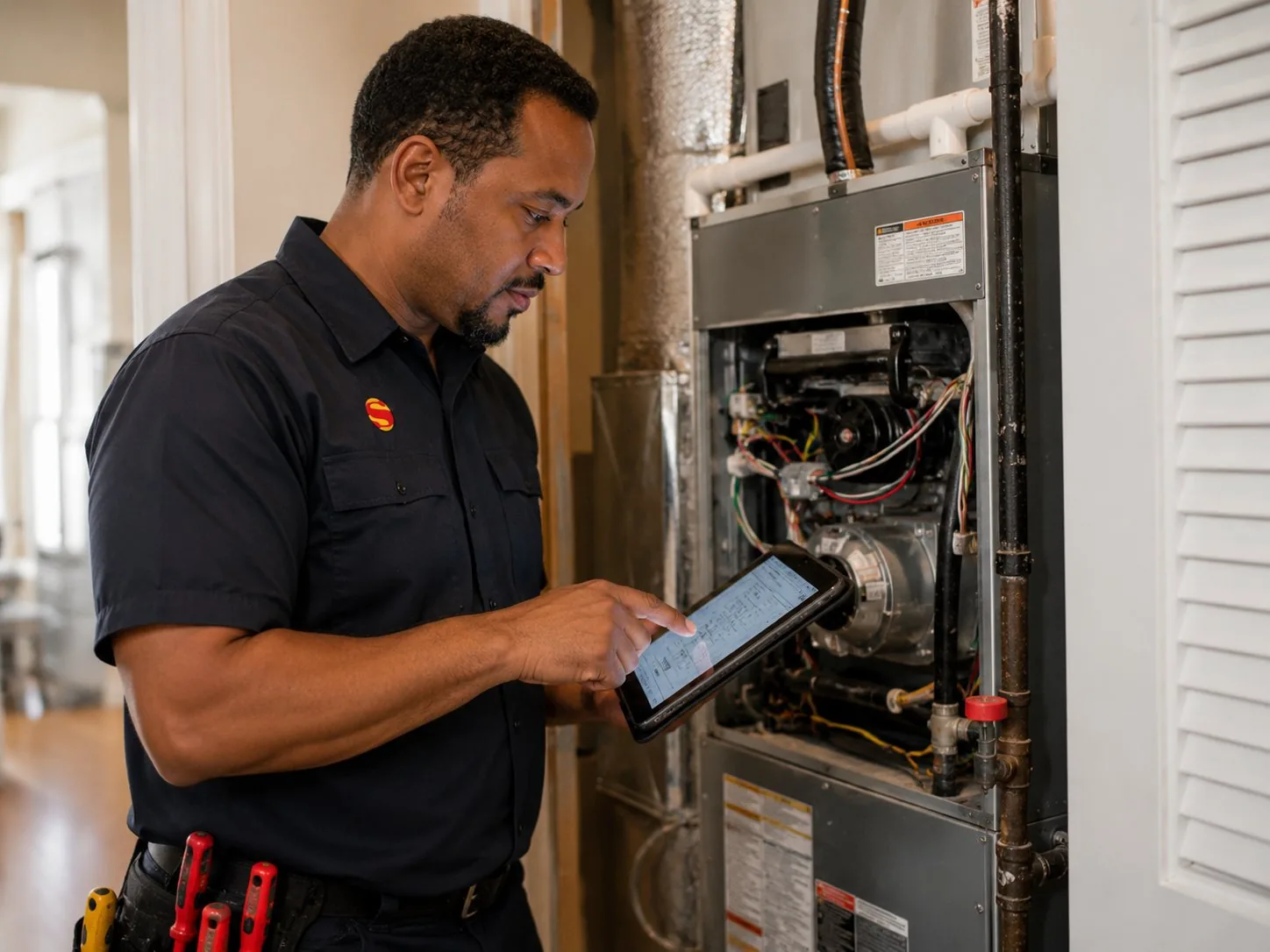 Super Heating & Air technician running HVAC diagnostics with tablet on indoor furnace