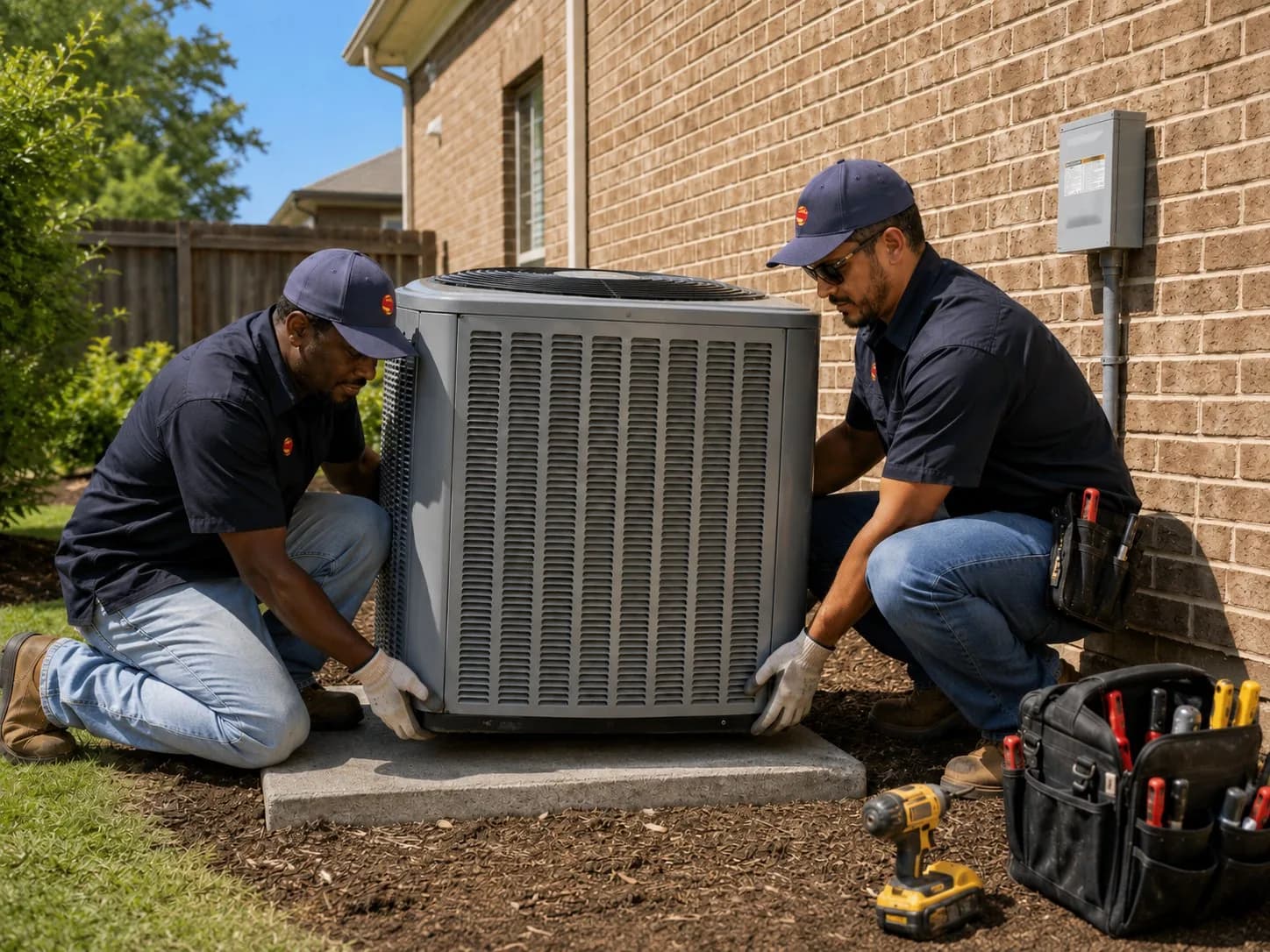 Two Super Heating & Air technicians installing new outdoor condenser unit at a DFW home