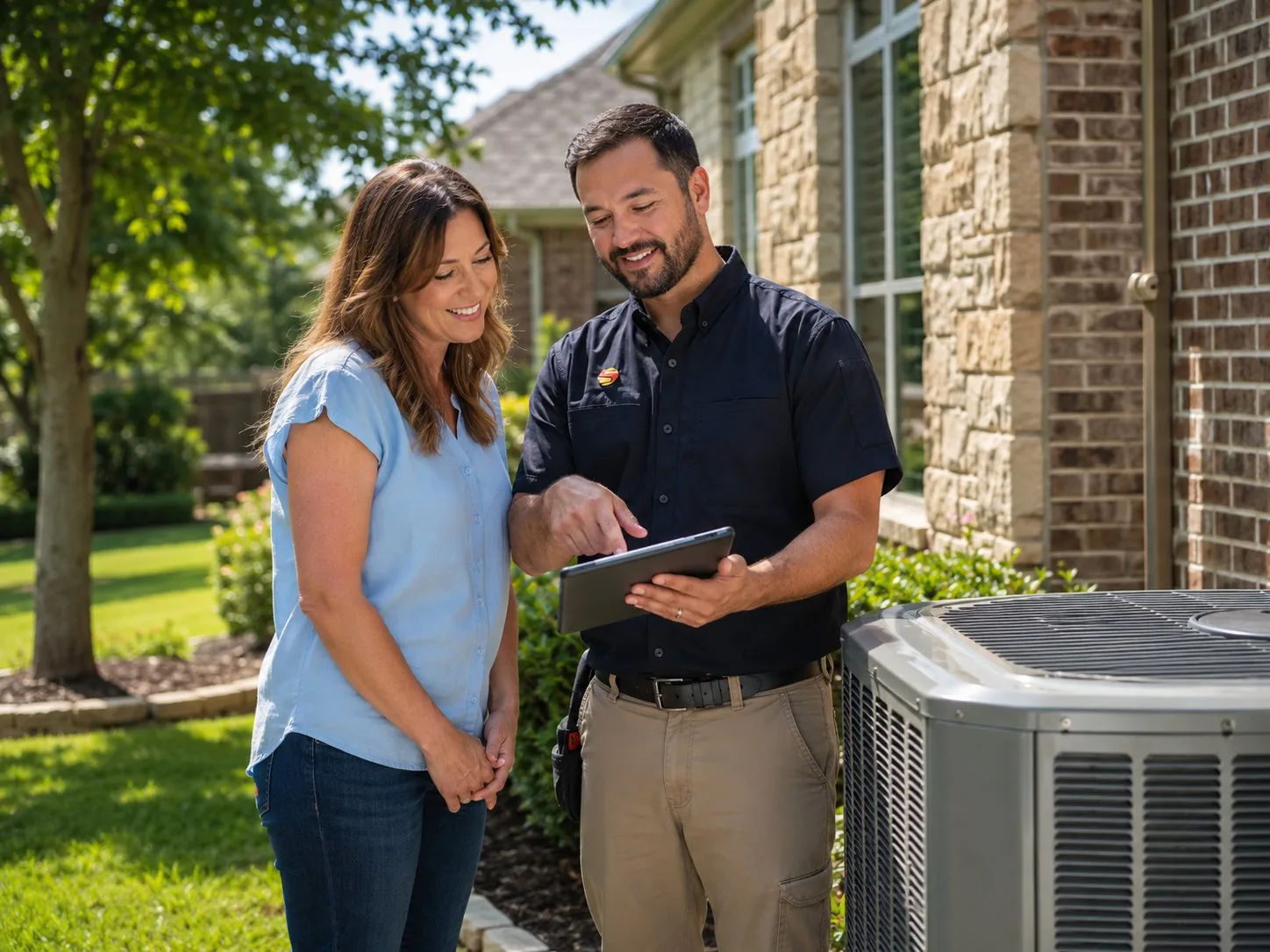 Super Heating & Air technician reviewing maintenance plan with DFW homeowner