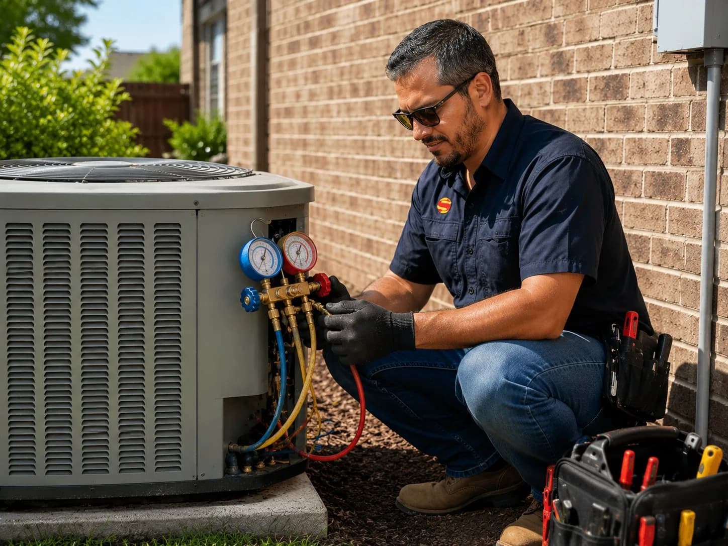 Super Heating & Air technician performing HVAC tune-up with gauges on outdoor condenser in DFW