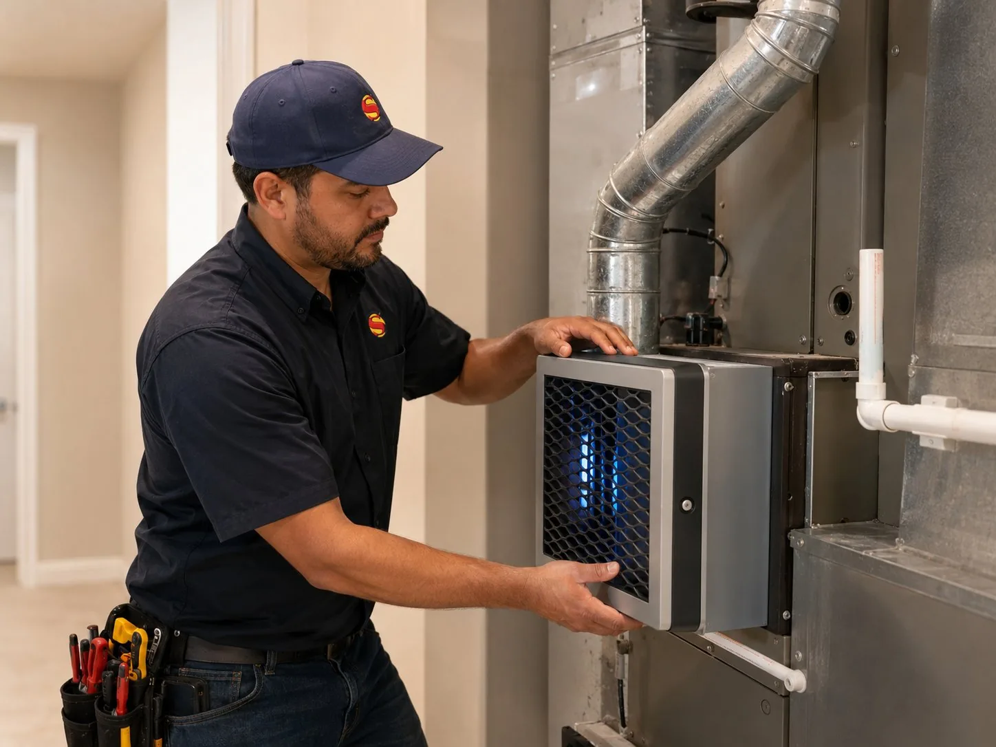 Super Heating & Air technician installing indoor air quality purification system on residential HVAC